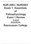 NUR 2063 / NUR2063 Exam 1: Essentials of Pathophysiology Exam 1 Review (Latest 2023/2024)  Rasmussen College