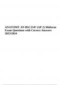 ANATOMY AN BSC2347 AP 2 Midterm Exam Questions with Correct Answers 2023/2024 | Latest Graded A+