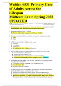 Walden 6531 Primary Care of Adults Across the Lifespan Midterm Exam Spring 2023 UPDATED