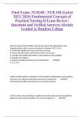 Final Exam: NUR160 / NUR 160 (Latest 2023/ 2024) Fundamental Concepts of Practical Nursing II Exam Review | Questions and Verified Answers| Already Graded A| Hondros College