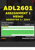 ADL2601 ASSIGNMENT 1 MEMO - SEMESTER 1 - 2024 UNISA – DUE DATE: - 8 APRIL 2024 (DETAILED ANSWERS WITH FOOTNOTES AND BIBLIOGRAPHY - DISTINCTION GUARANTEED!)