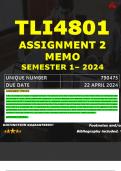 TLI4801 ASSIGNMENT 2 MEMO - SEMESTER 1 - 2024 UNISA – DUE DATE: - 22 APRIL 2024 (DETAILED ANSWERS WITH FOOTNOTES AND A BIBLIOGRAPHY - DISTINCTION GUARANTEED!)