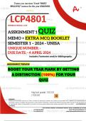 LCP4801 ASSIGNMENT 1 QUIZ MEMO - SEMESTER 1 - 2024 UNISA – DUE DATE: - 4 APRIL 2024 (INCLUDES 480 PAGE EXTRA MCQ BOOKLET - DISTINCTION GUARANTEED!)