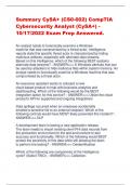 Summary CySA+ (CS0-002) CompTIA  Cybersecurity Analyst (CySA+) -  10/17/2022 Exam Prep Answered. 