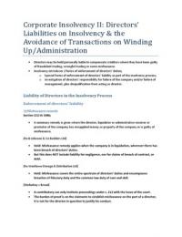 Company Law - Directors’ Liabilities on Insolvency & the Avoidance of Transactions on Winding Up/Administration