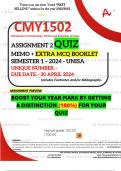 CMY1502 ASSIGNMENT 2 QUIZ MEMO - SEMESTER 1 - 2024 - UNISA - DUE : 30 APRIL 2024 (INCLUDES 140 PAGE EXTRA MCQ BOOKLET WITH ANSWERS - DISTINCTION GUARANTEED)