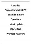 Certified Paraoptometric (CPO) Exam summary Questions  Latest Update 2024/2025  (Verified Answers)