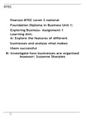 Unit 1 - Exploring Business Assignment 1 P1, P2, P3, M1, M2   Pearson BTEC Level 3