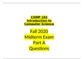 COMP 102 Introduction to Computer Science  Fall 2020 Midterm Exam Part A Questions  