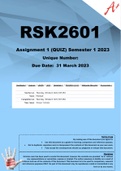 RSK2601 Assignment 1 (QUIZ) Semester 1 2023 (877223)